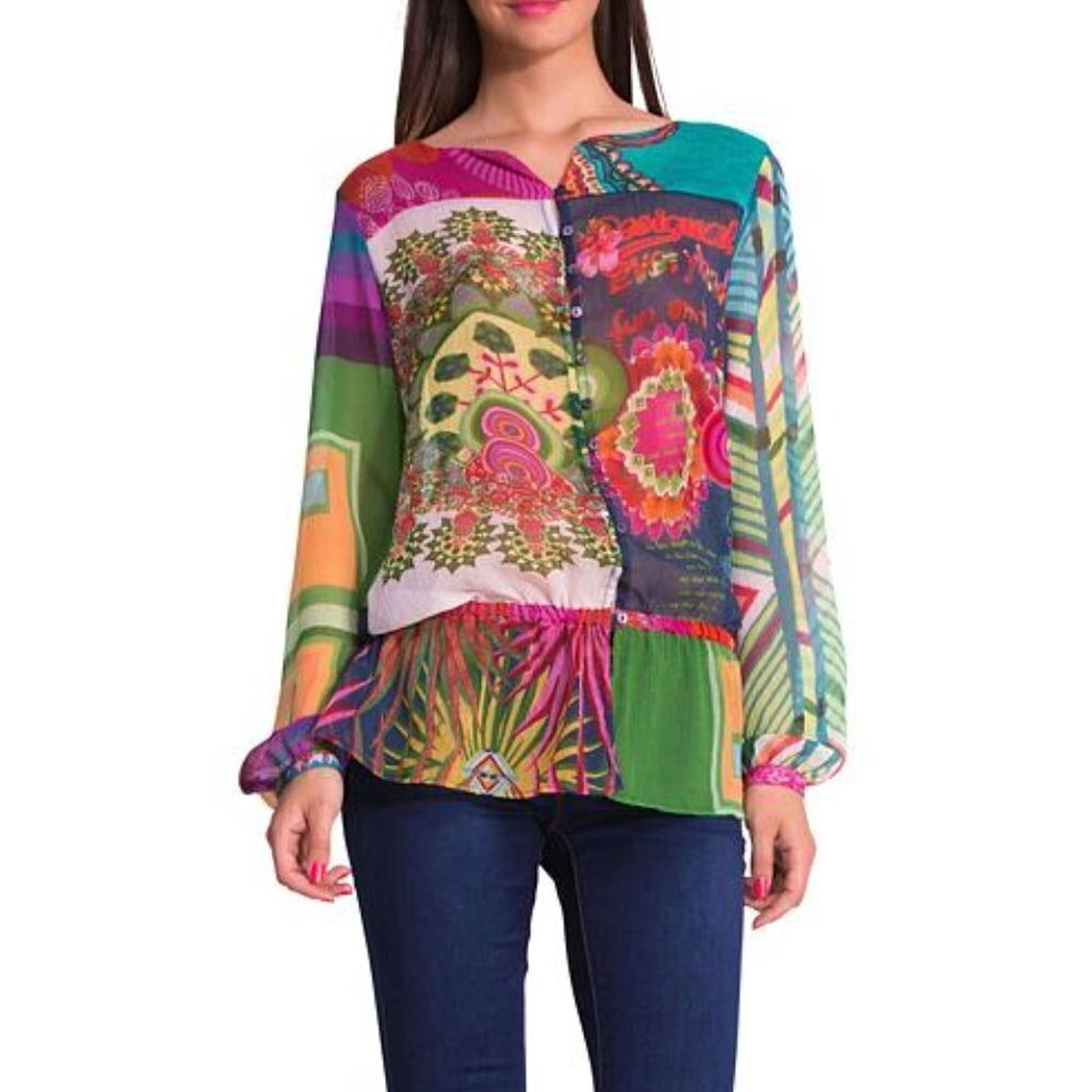 Desigual Vibrant Mixed Print Gauzy Peplum Tunic Blouse XS - Picture 2 of 10